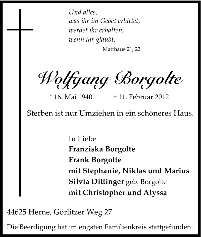  Traueranzeige für Wolfgang Borgolte vom 18.02.2012 aus Tageszeitung