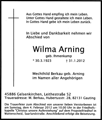 Traueranzeige von Wolma Arning von Tageszeitung