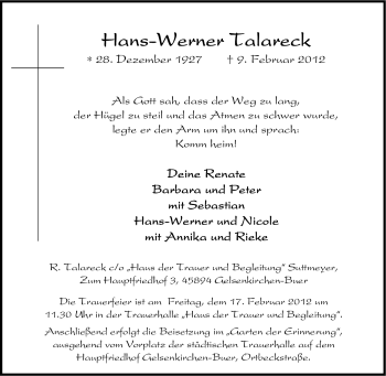 Traueranzeige von Hans-Werner Talareck von Tageszeitung