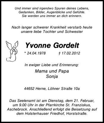 Traueranzeige von Yvonne Gordelt von Tageszeitung