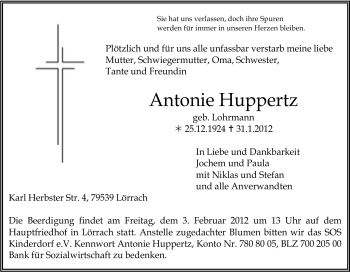 Traueranzeige von Antonie Huppertz von Tageszeitung
