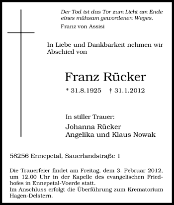 Traueranzeige von Franz Rücker von Tageszeitung