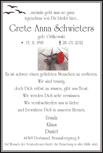 Traueranzeige von Grete Anna Schwieters von Tageszeitung