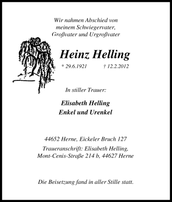 Traueranzeige von Heinz Helling von Tageszeitung