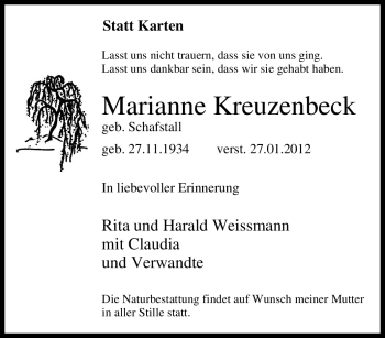 Traueranzeige von Marianne Kreuzenbeck von Tageszeitung