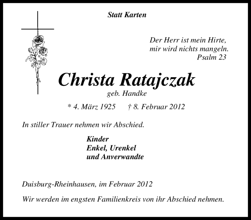  Traueranzeige für Christa Ratajczak vom 11.02.2012 aus Tageszeitung
