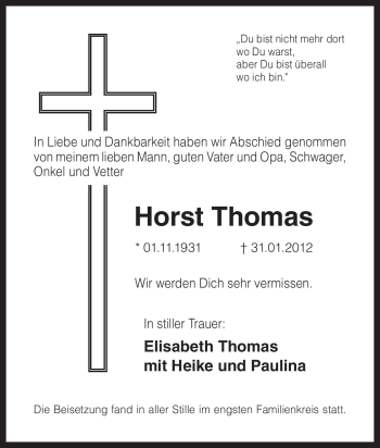 Traueranzeige von Horst Thomas von Tageszeitung