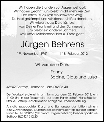 Traueranzeige von Jürgen Behrens von Tageszeitung