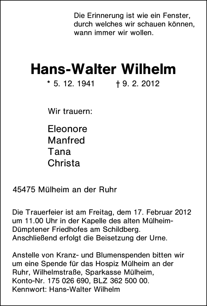  Traueranzeige für Hans-Walter Wilhelm vom 14.02.2012 aus Tageszeitung