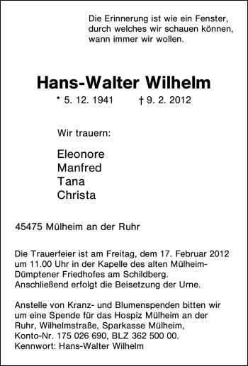Traueranzeige von Hans-Walter Wilhelm von Tageszeitung