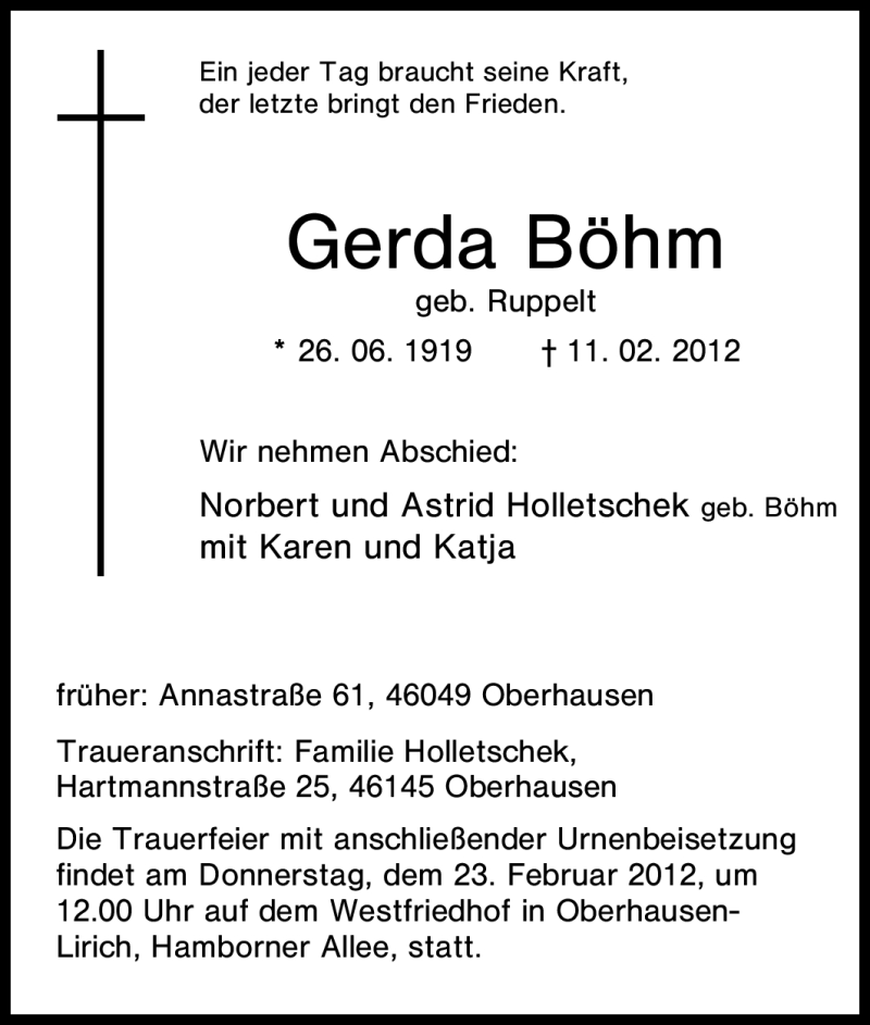  Traueranzeige für Gerda Böhm vom 20.02.2012 aus Tageszeitung