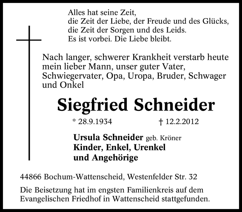 Traueranzeige für Siegfried Schneider vom 20.02.2012 aus Tageszeitung