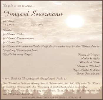 Traueranzeige von Irmgard Severmann von Tageszeitung