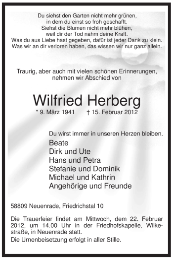 Traueranzeige von Wilfried Herberg von Tageszeitung
