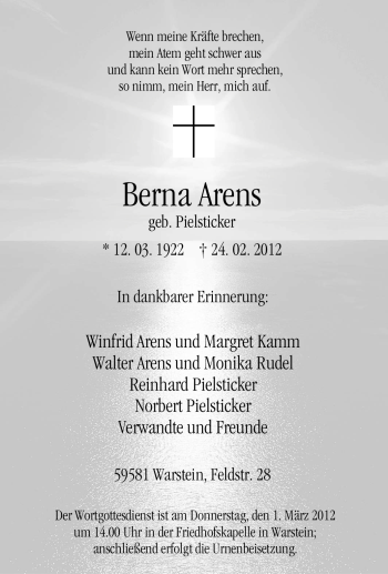 Traueranzeige von Berna Arens von Tageszeitung