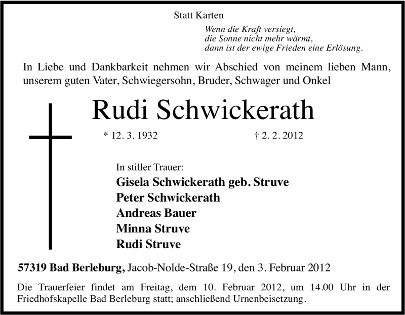  Traueranzeige für Rudi Schwickerath vom 07.02.2012 aus Tageszeitung
