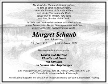 Traueranzeige von Margret Schaub von Tageszeitung