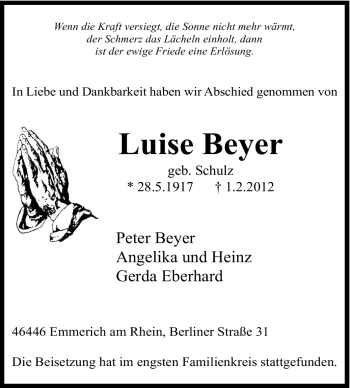 Traueranzeige von Luise Beyer von Tageszeitung