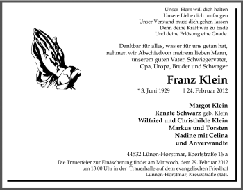 Traueranzeige von Franz Klein von Tageszeitung