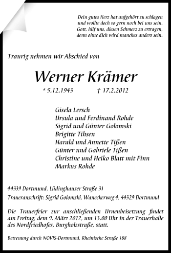 Traueranzeige von Werner Krämer von Tageszeitung