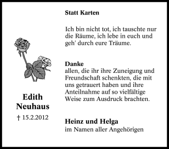 Traueranzeige von Edith Neuhaus von Tageszeitung