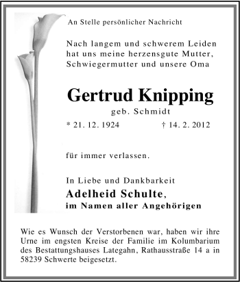 Traueranzeige von Gertrud Knipping von Tageszeitung