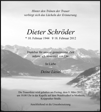 Traueranzeige von Dieter Schröder von Tageszeitung