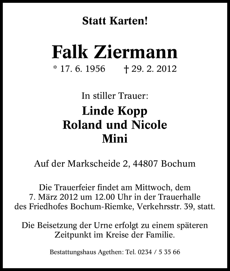  Traueranzeige für Falk Ziermann vom 05.03.2012 aus Tageszeitung