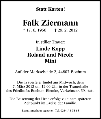 Traueranzeige von Falk Ziermann von Tageszeitung