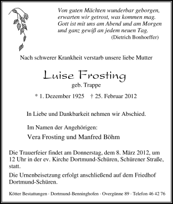 Traueranzeige von Luise Frosting von Tageszeitung