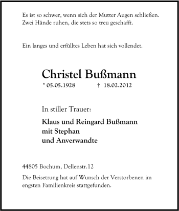 Traueranzeige von Christel Bußmann von Tageszeitung