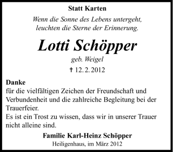 Traueranzeige von Lotti Schöpper von Tageszeitung