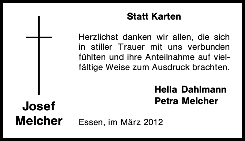  Traueranzeige für Josef Melcher vom 24.03.2012 aus Tageszeitung