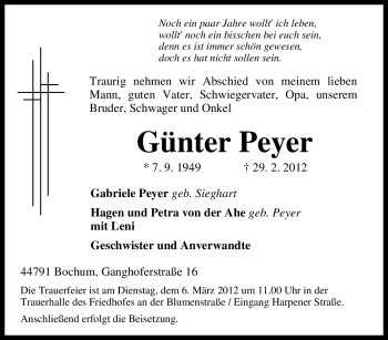 Traueranzeige von Günter Peyer von Tageszeitung