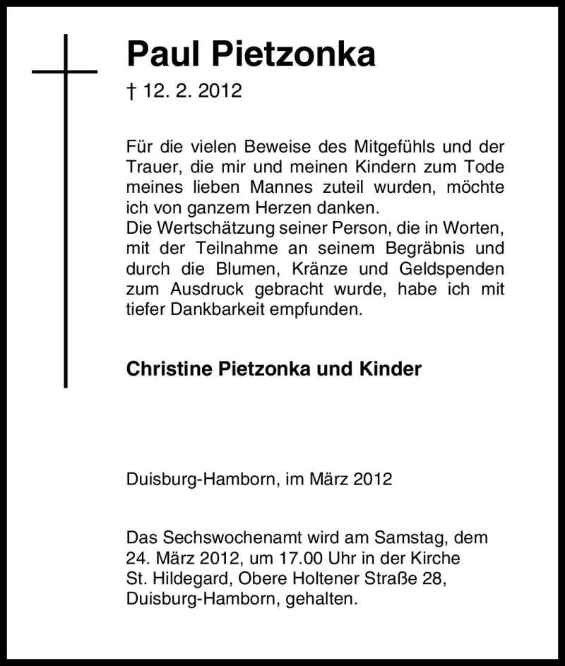  Traueranzeige für Paul Pietzonka vom 17.03.2012 aus Tageszeitung