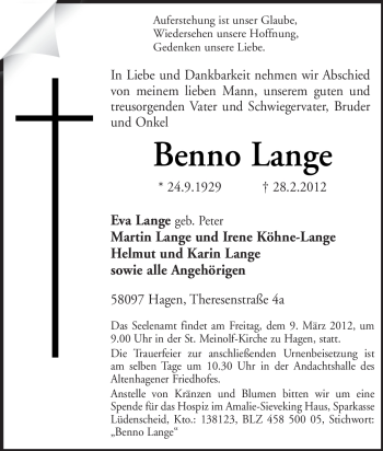 Traueranzeige von Benno Lange von Tageszeitung