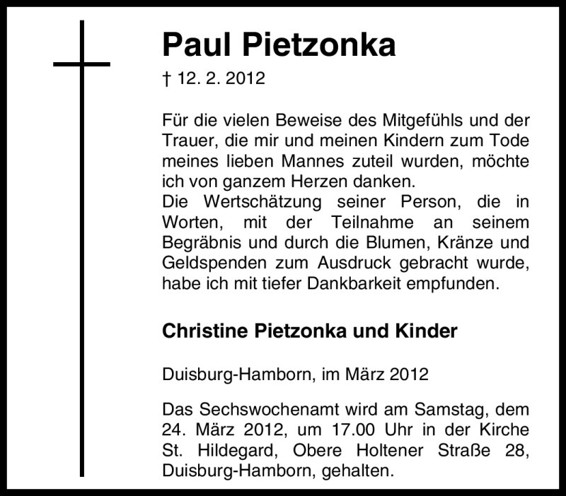  Traueranzeige für Paul Pietzonka vom 17.03.2012 aus Tageszeitung