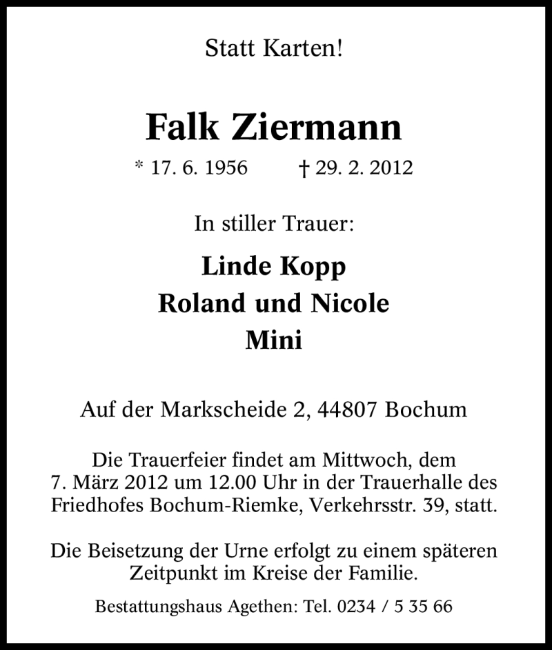  Traueranzeige für Falk Ziermann vom 03.03.2012 aus Tageszeitung