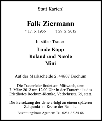 Traueranzeige von Falk Ziermann von Tageszeitung