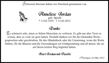 Traueranzeige von Anneliese Jordan von Tageszeitung