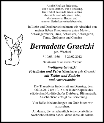 Traueranzeige von Bernadette Graetzki von Tageszeitung