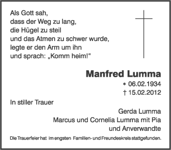 Traueranzeige von Manfred Lumma von Tageszeitung