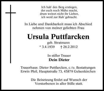 Traueranzeige von Ursula Puttfarcken von Tageszeitung