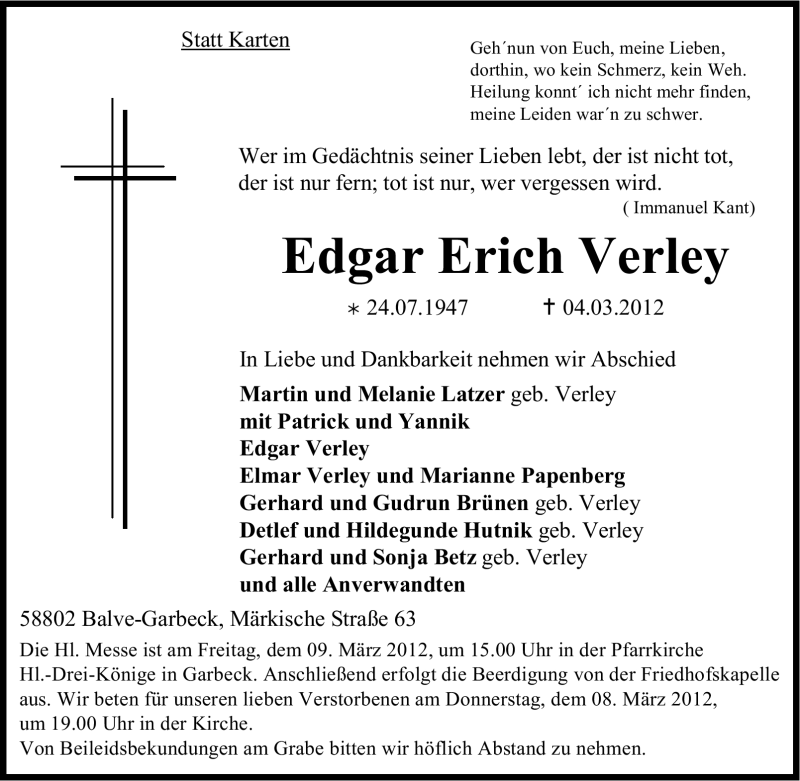  Traueranzeige für Edgar Erich Verley vom 06.03.2012 aus Tageszeitung