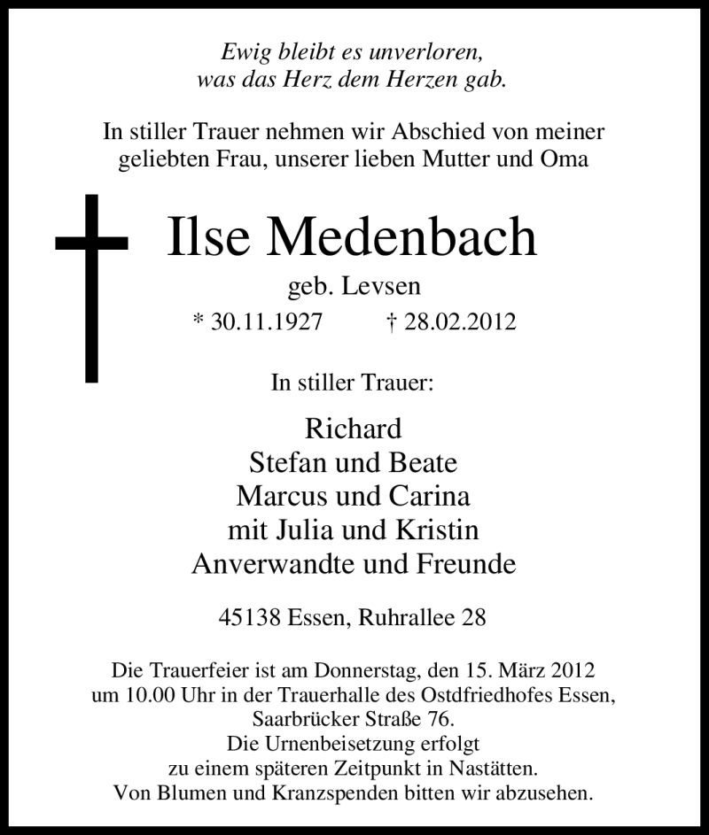  Traueranzeige für Ilse Medenbach vom 10.03.2012 aus Tageszeitung