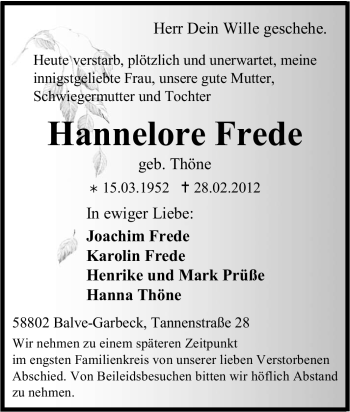 Traueranzeige von Hannelore Frede von Tageszeitung