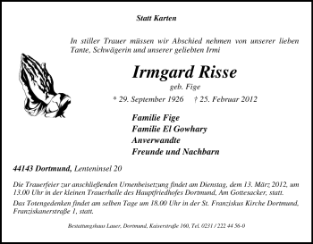 Traueranzeige von Irmgard Risse von Tageszeitung