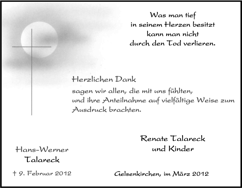  Traueranzeige für Hans-Werner Talareck vom 10.03.2012 aus Tageszeitung