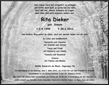 Traueranzeige von Rita Dieker von Tageszeitung