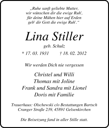 Traueranzeige von Lina Stiller von Tageszeitung